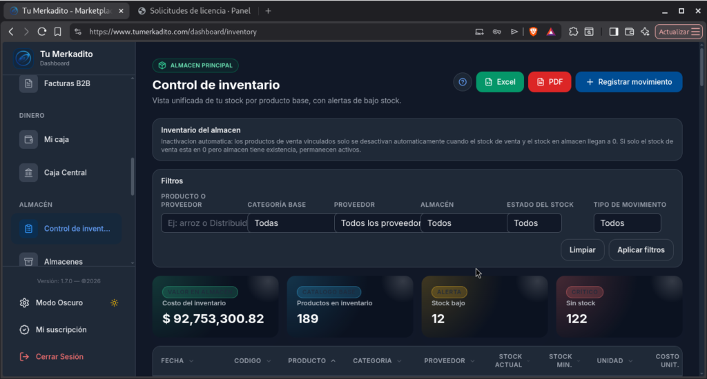 vista de control de inventario tumerkadito