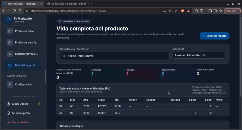 vista de historial de productos